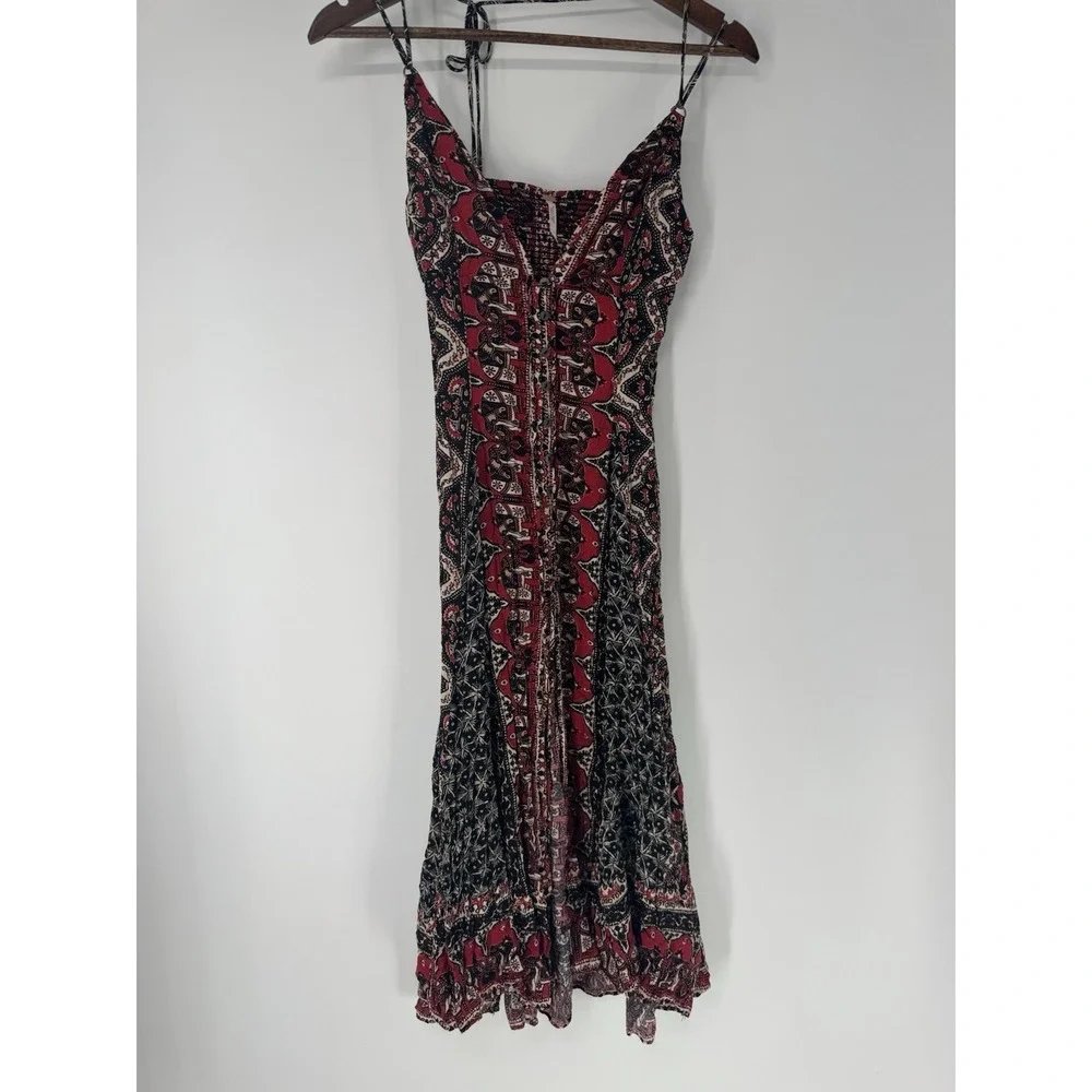 Free People On The Bright Side Maxi Dress Red Black Boho XS Cottagecore Festival